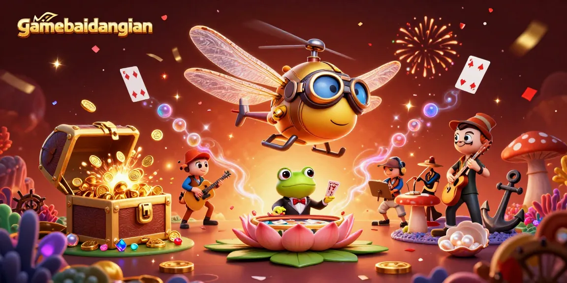 Experience excitement at gamebaidangian with vibrant 3D casino action featuring a frog dealer and dragonfly pilot.