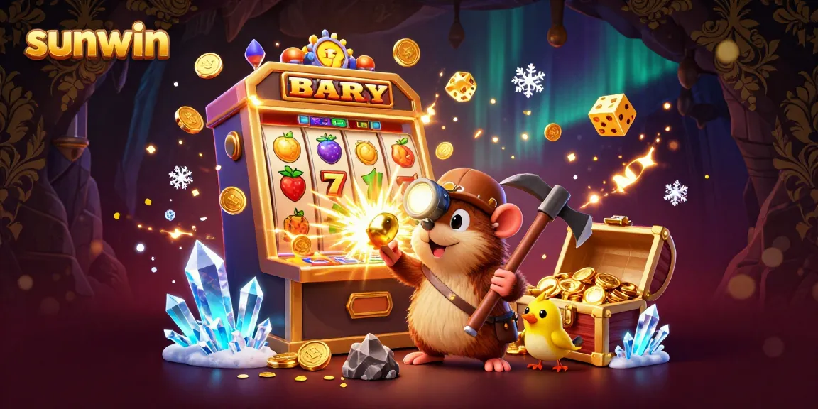 Sunwin treasure hunter mole mining in a jackpot-rich casino scene filled with colorful slot elements.