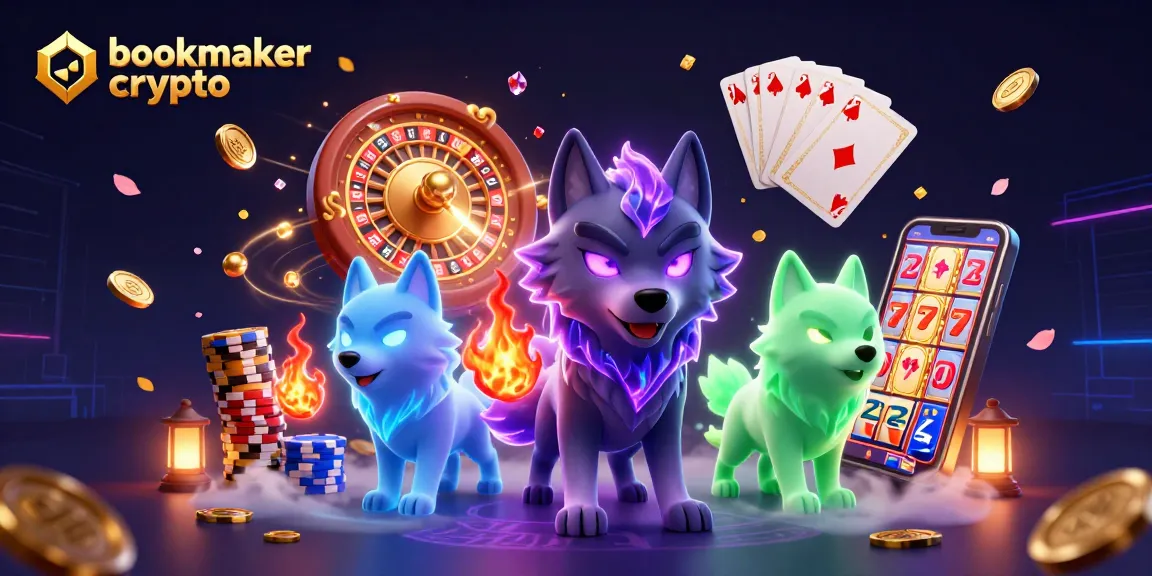 Pariez sur le bookmaker crypto avec excitement, entouré de pièces d'or, de cartes et de symboles mystiques.
