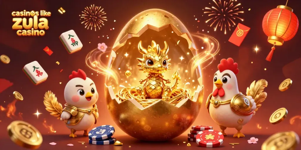 Join the excitement with casinos like Zula Casino featuring golden dragon magic amid poker chips and festive decorations.