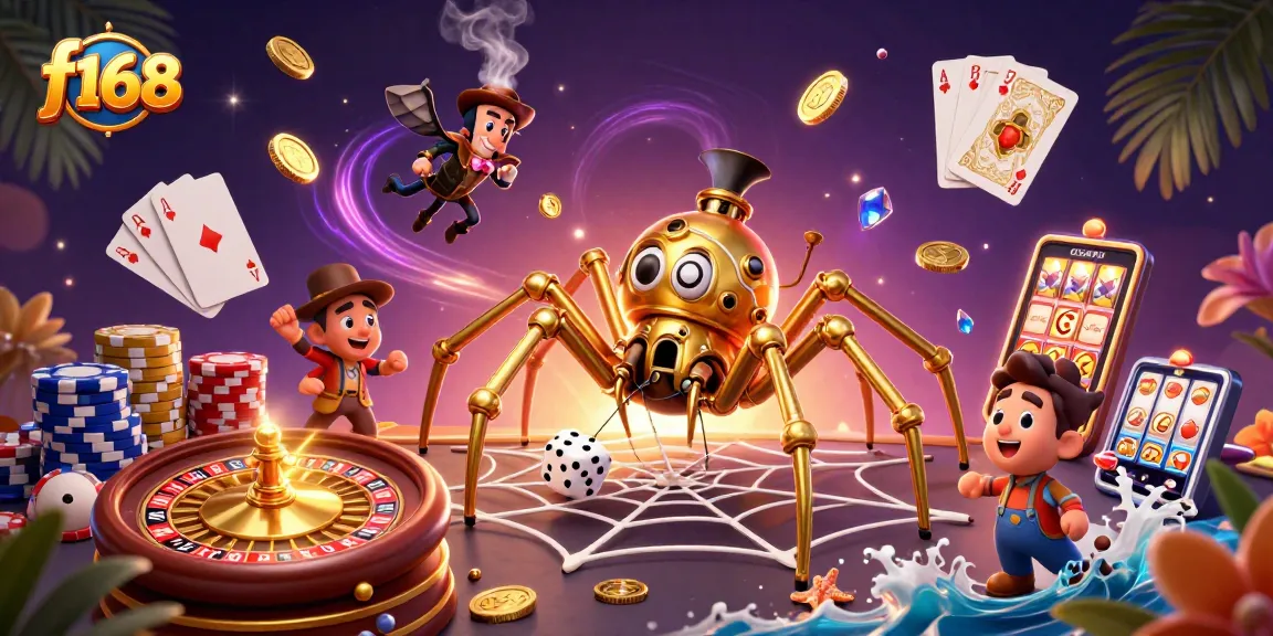 Experience thrilling gaming at f168 with stunning visuals of a steampunk spider catching dice in a golden web.