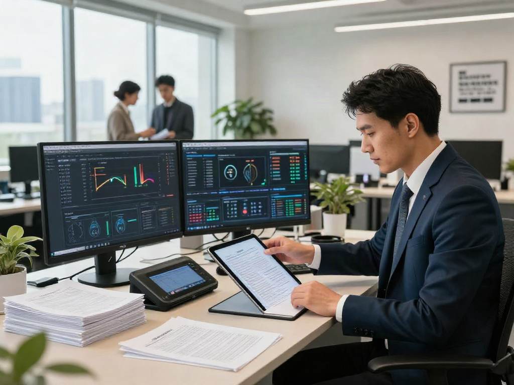 Document fraud detection analysis in a modern office with professionals reviewing digital data integrity.