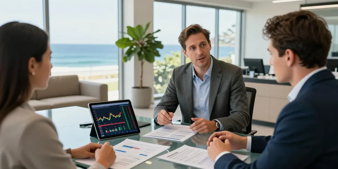 Wealth manager advising client with ocean view in Gold Coast Queensland Australia