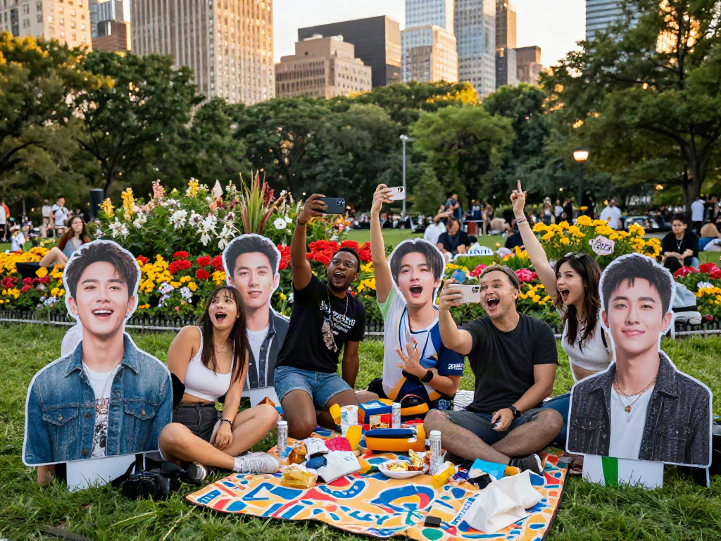 Group enjoying a lively park scene, discovering who looks like celebrities through fun cutouts.