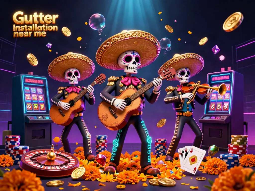 Experience vibrant action with a Day of the Dead mariachi band amid cascading coins in "Gutter installation near me"!