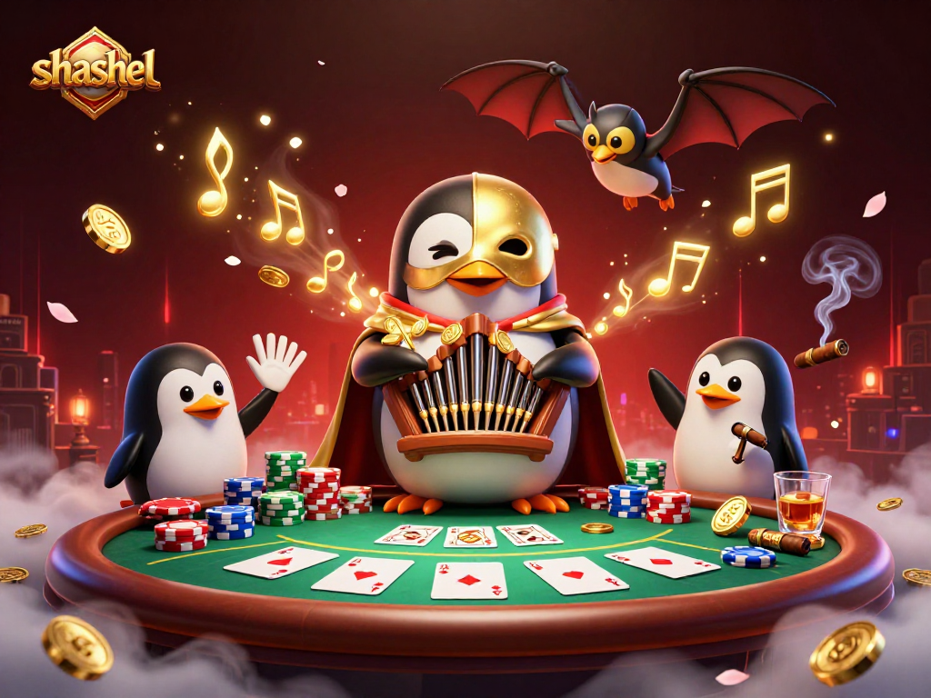 Shashel offers thrilling gambling experiences as a penguin plays a pipe organ and gold coins rain down.
