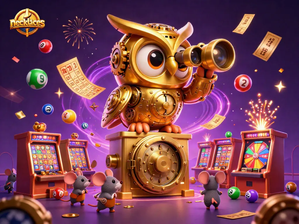 Engage with stunning necklaces in a vibrant casino scene filled with golden owls and game elements.
