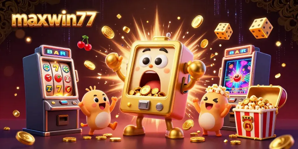 Maxwin77 showcases a golden slot machine celebrating a jackpot amidst coins and casino elements.