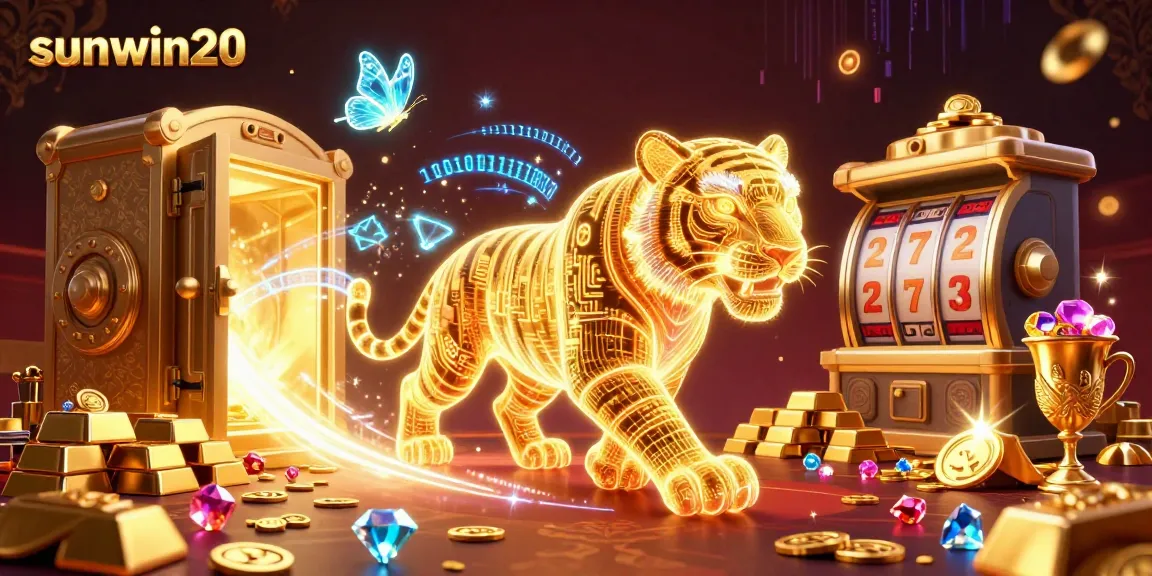 Experience the excitement of sunwin20 at a dazzling digital casino with a golden tiger and treasure.