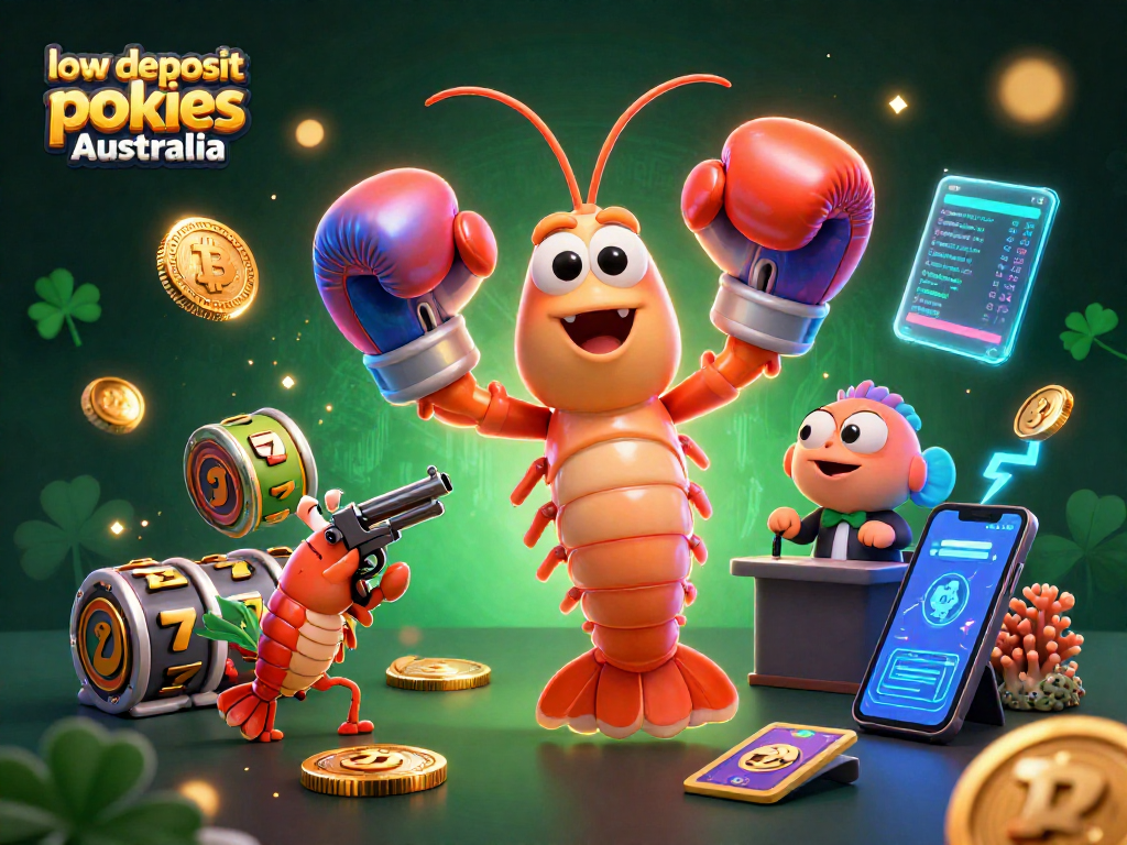 Engage with low deposit pokies Australia in a vibrant casino scene featuring cartoon shrimp and glowing crypto coins.