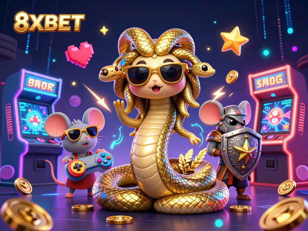 Experience thrilling casino action with 8XBET's vibrant 3D characters, arcade elements, and game excitement.