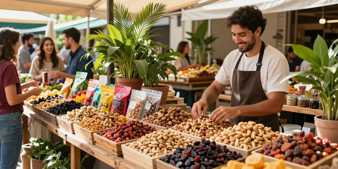 M98 สล็อตเว็บตรงไม่ผ่านเอเย่นต์ assorted nuts and dried fruits at vibrant marketplace.