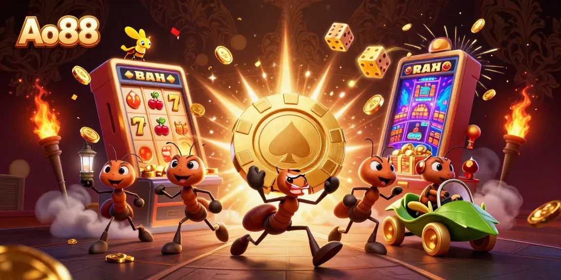 Win exciting rewards at Ao88 while cartoon ants carry a giant poker chip through a jackpot explosion.