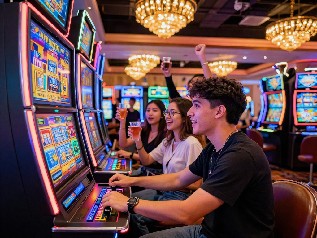 Player enjoying slot gacor game in vibrant casino with colorful lights and friends celebrating