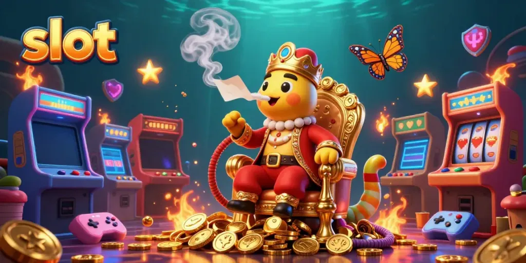 Slot yang mempesona dengan simbol mesin slot yang mengelilingi karakter kartun raksasa dalam suasana kasino yang ceria.