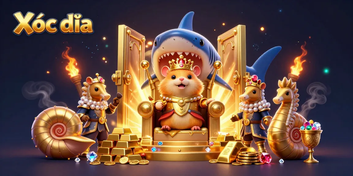 Xóc đĩa game illustration featuring a golden hamster king on a megalodon throne amidst treasures and vibrant casino elements.