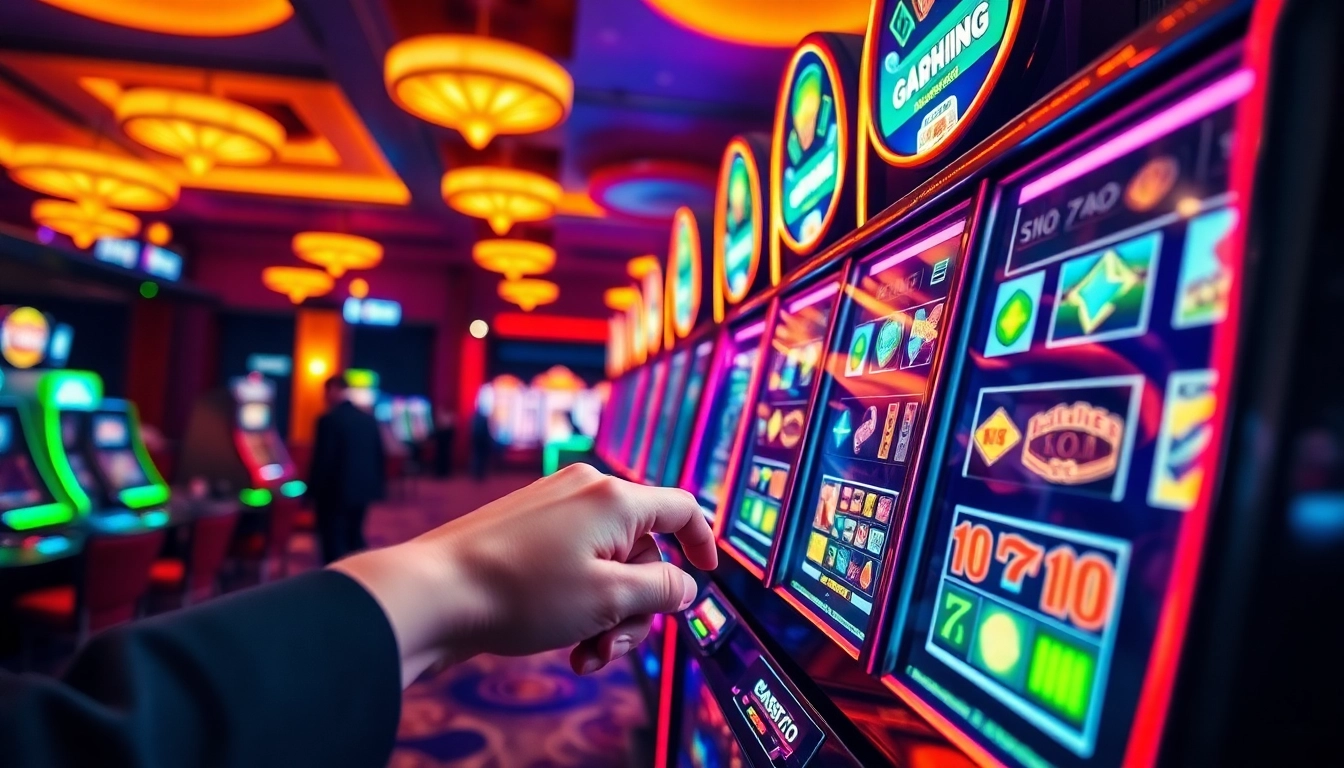 Mengakses papa288 login di mesin slot berwarna cerah di kasino yang ramai.