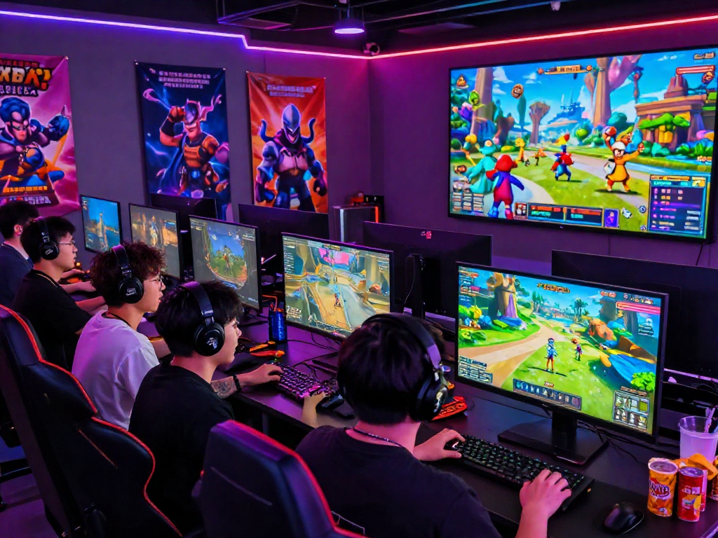 Players enjoying a sissy porn game in an immersive gaming atmosphere with vibrant lights and engaging avatars.
