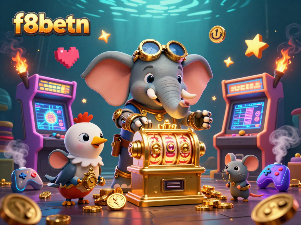 Experience the electrifying f8betn gaming world with a steampunk elephant engineer at a golden slot machine.