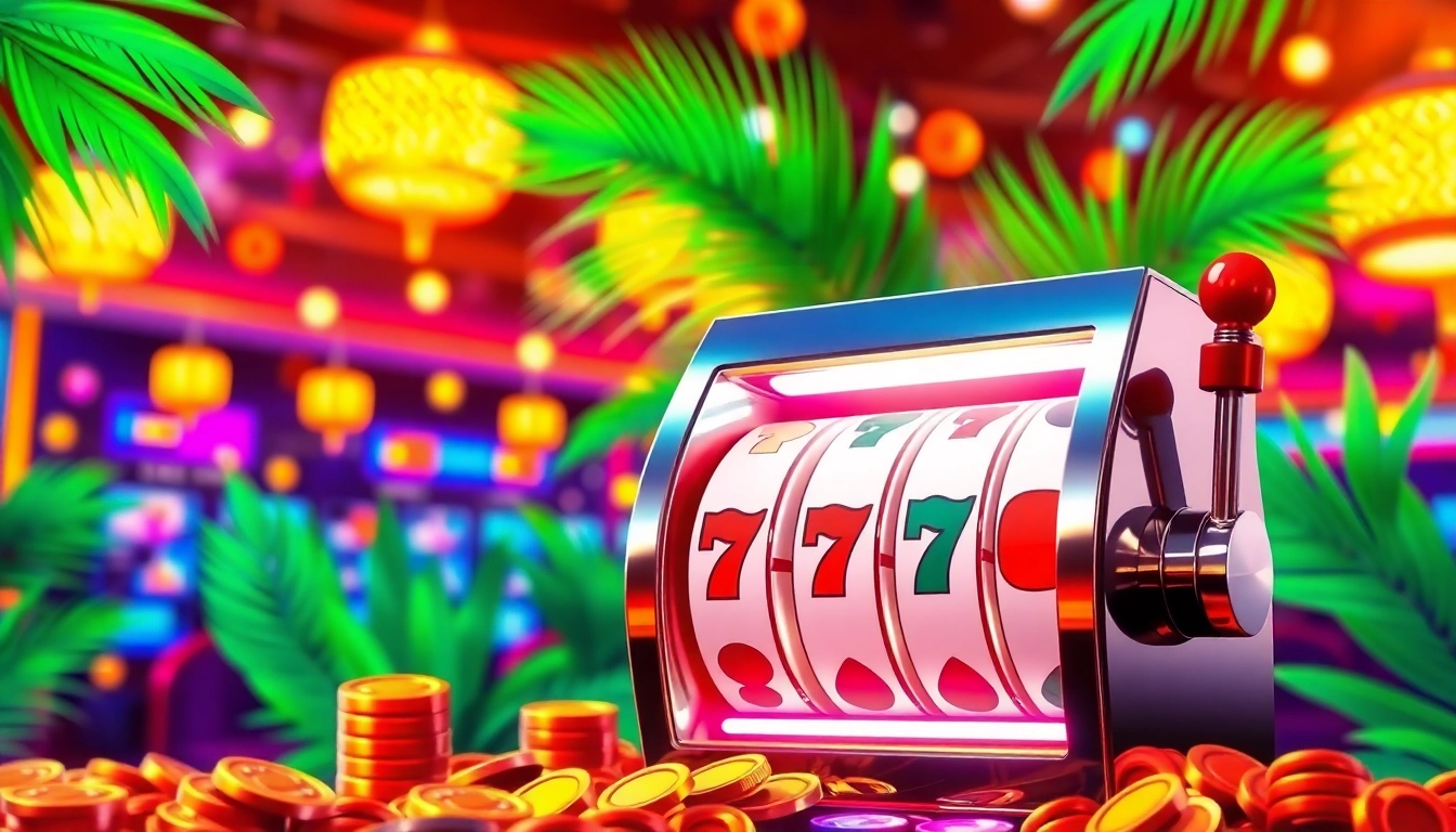 Engaging visual of slot gambling with a classic slot machine, colorful coins, and an energetic casino setting.