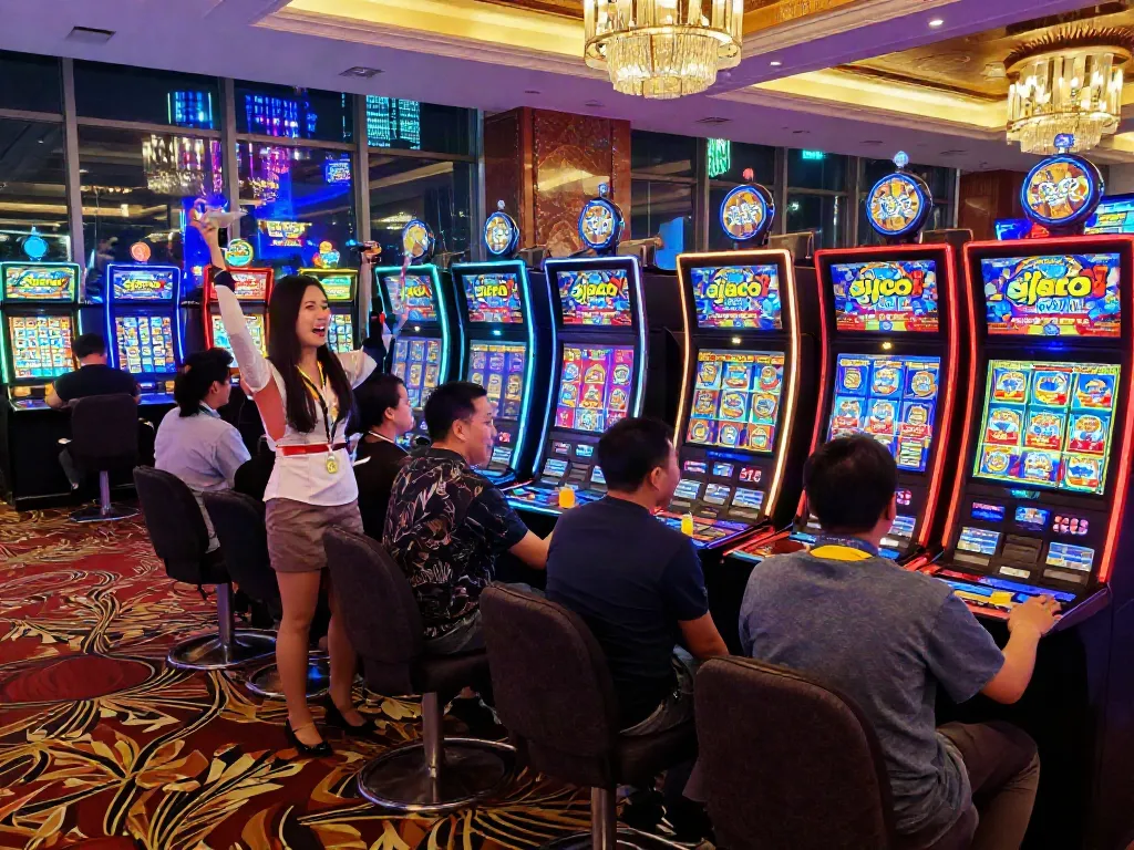 Excited players celebrating wins at vibrant casino slot gacor machines.