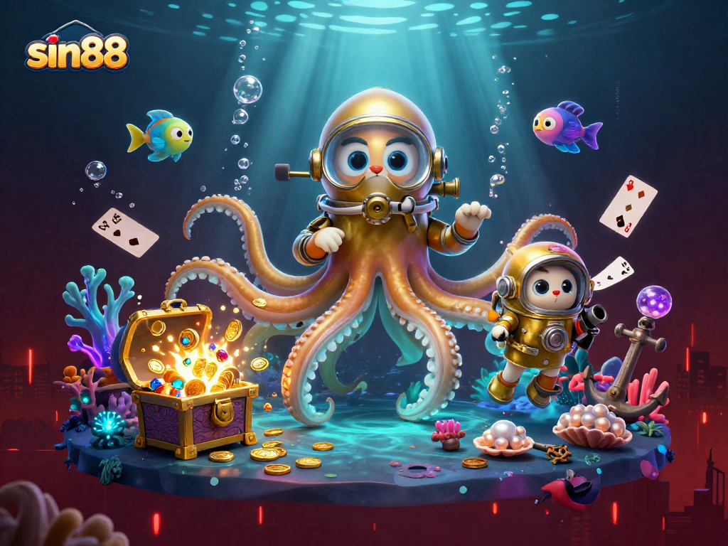 Spin the reels with sin88's vibrant 3D cartoon scene featuring a kraken and diving cat