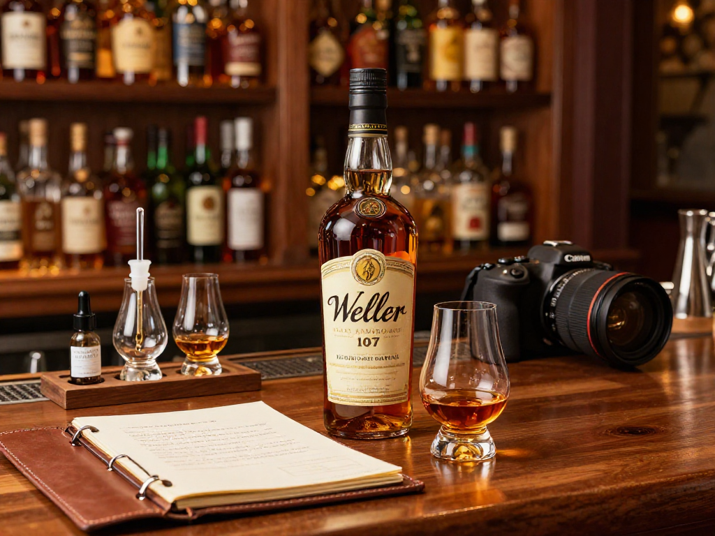 Weller Antique 107 Bourbon displayed in an elegant bar setting with tasting notes and whiskey glass.