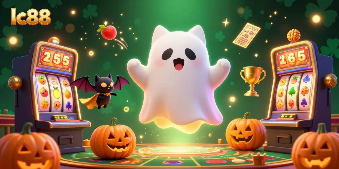 Immerse in lc88’s vibrant casino scene with a ghost cat and bat, featuring lively slot reels and jackpot excitement.
