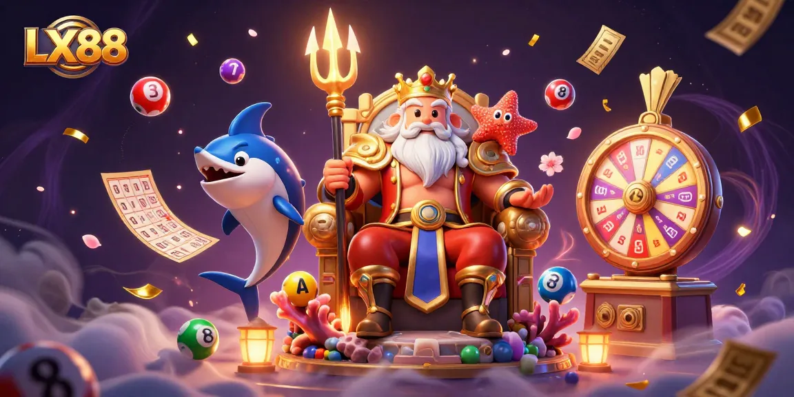 Engage in thrilling lottery gameplay with LX88, as Neptune presides over a vibrant casino scene.