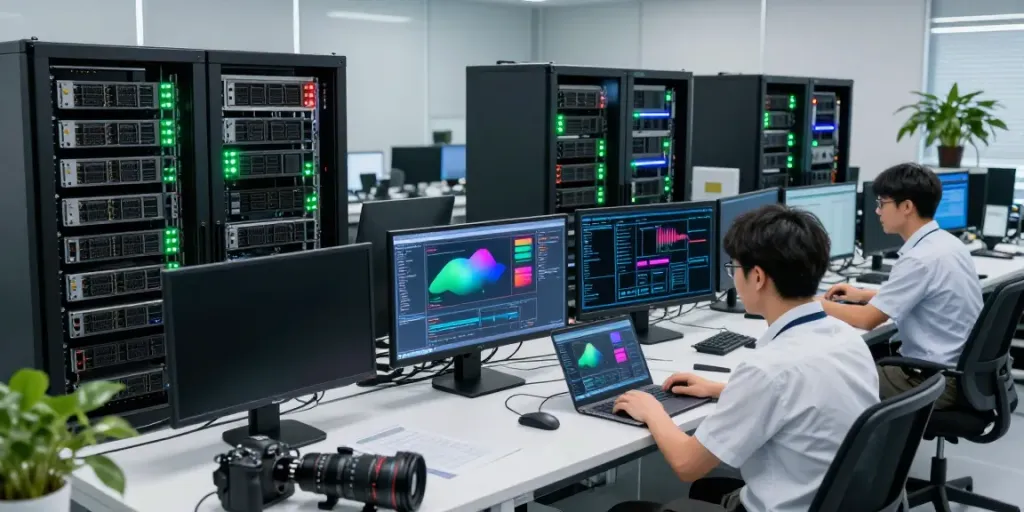 Engineers collaborating in an AI infrastructure lab, demonstrating AI inference processes with advanced technology.