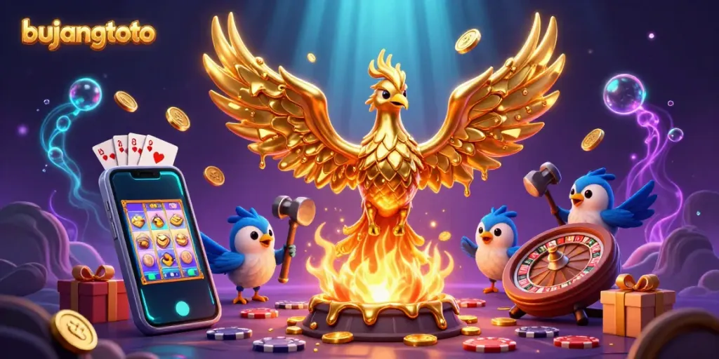 Engage with exciting bujangtoto gameplay featuring a molten gold phoenix and dynamic casino elements.