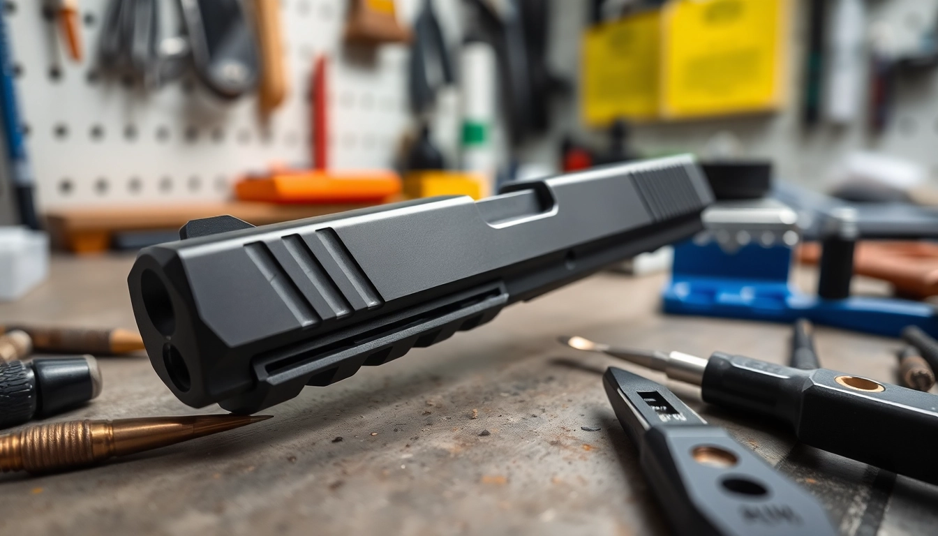 Glock 48 mos slide showcased on a workbench to highlight its design and features.
