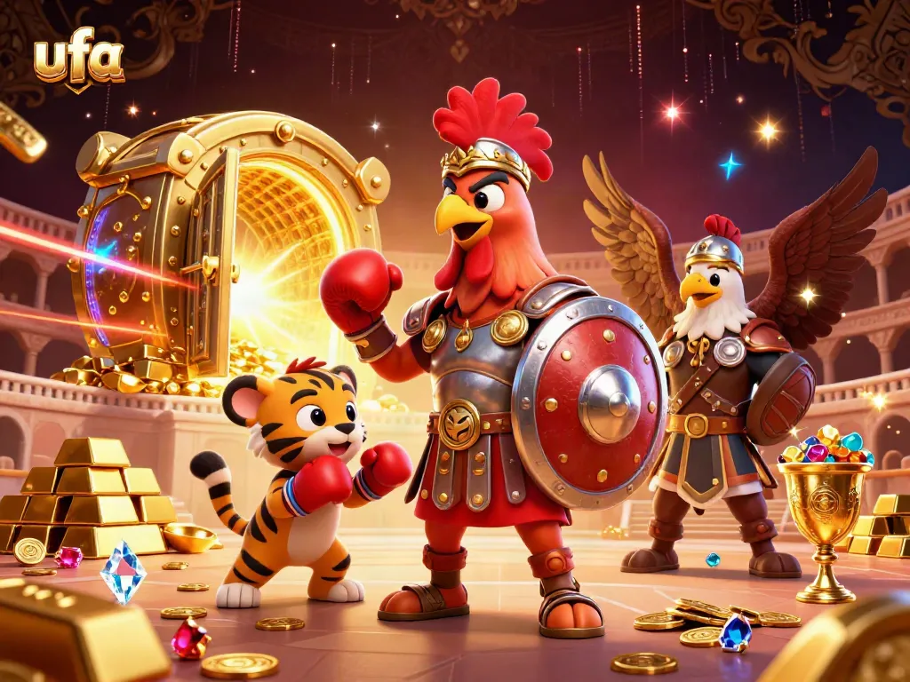 ภาพการ์ตูน 3D ที่น่าตื่นเต้นของ ufa ร่วมกับนักรบไก่และคู่หูในสังเวียน