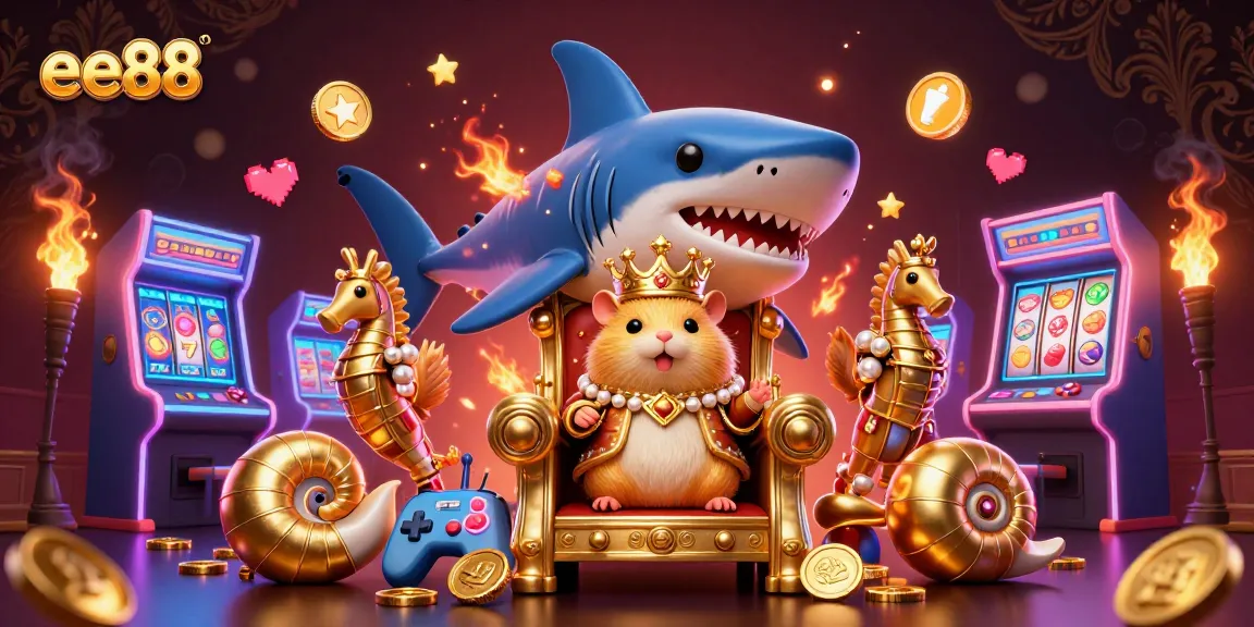 Engage with ee88's vibrant casino scene featuring a golden hamster king on a megalodon throne.