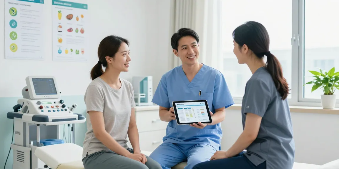 Deus Medical healthcare professional discussing treatment plans with patient in a modern clinic.
