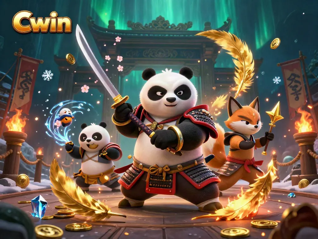 Cwin showcases a dynamic gaming scene with a cartoon samurai panda and a ninja fox surrounded by vibrant casino elements.