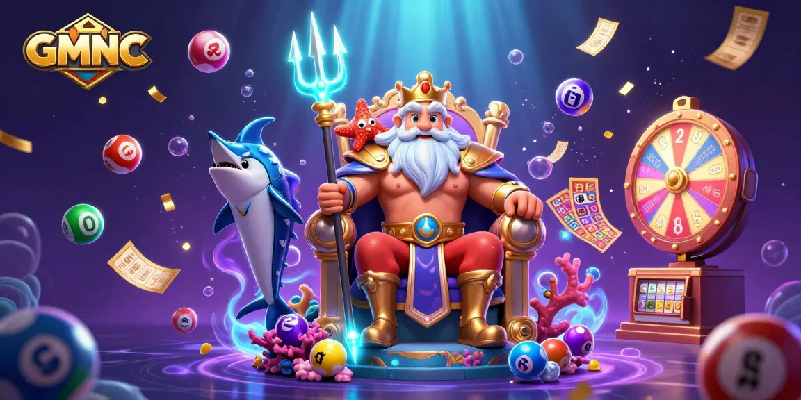 Engage with GMNC's vibrant lottery scene, showcasing Neptune, spinning wheels, and colorful lottery balls.