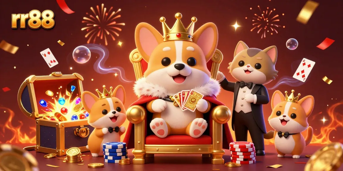 Engage with rr88's dazzling gaming landscape featuring a royal corgi and a cat butler in a vibrant casino.