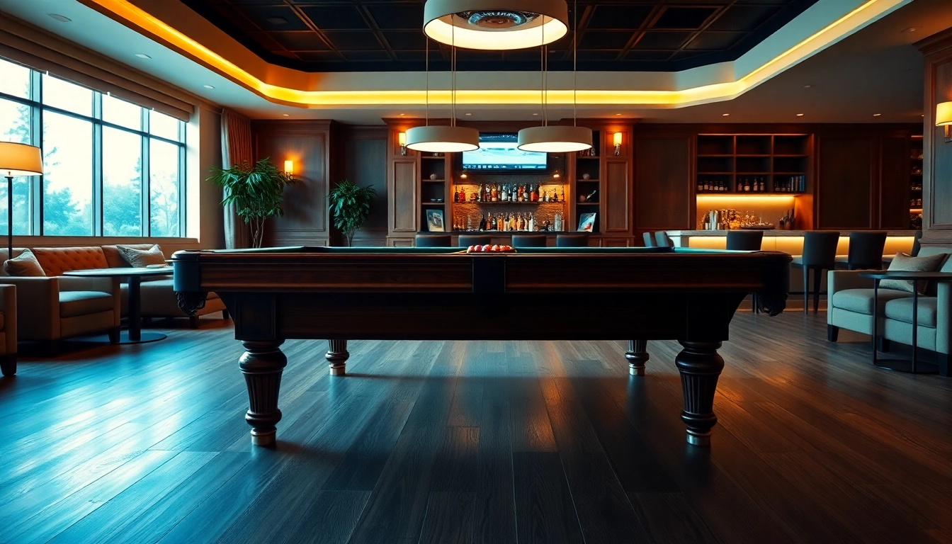 Buy Pool Tables showcased in an elegant recreational room with plush seating and ambient lighting.