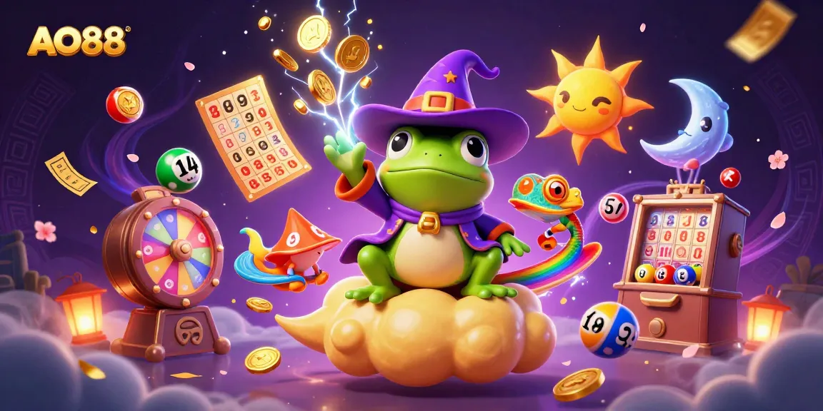 Win big with AO88: a vibrant lottery scene featuring magical characters and dynamic game elements