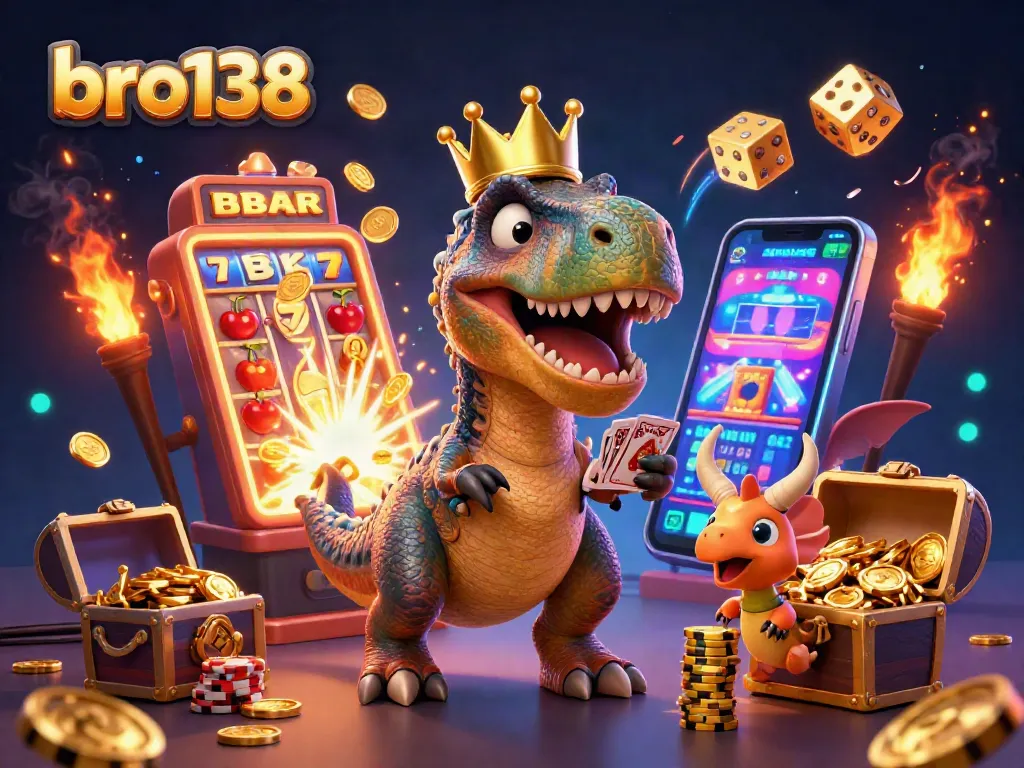 Engage with bro138 at a lively casino scene featuring a T-Rex shuffling cards and winning slots.