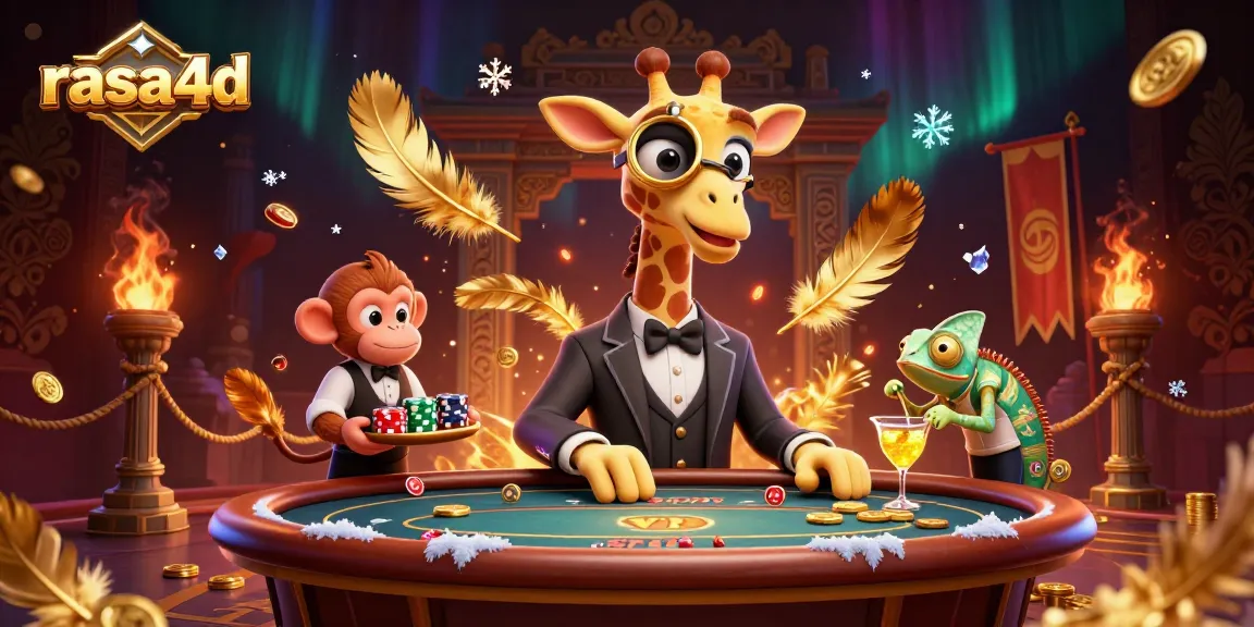 Gambaran suasana kasino dengan rasa4d saat permainan poker, dikelilingi koin emas dan elemen permainan.