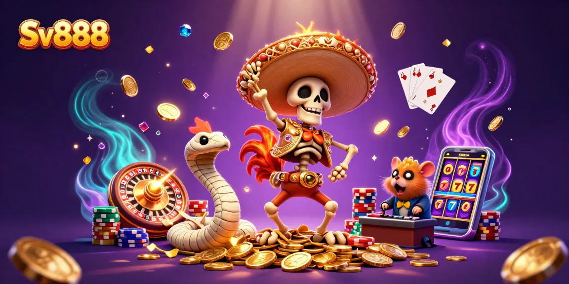 Experience the vibrant world of Sv888 with a dynamic casino scene filled with winning characters and golden prizes.