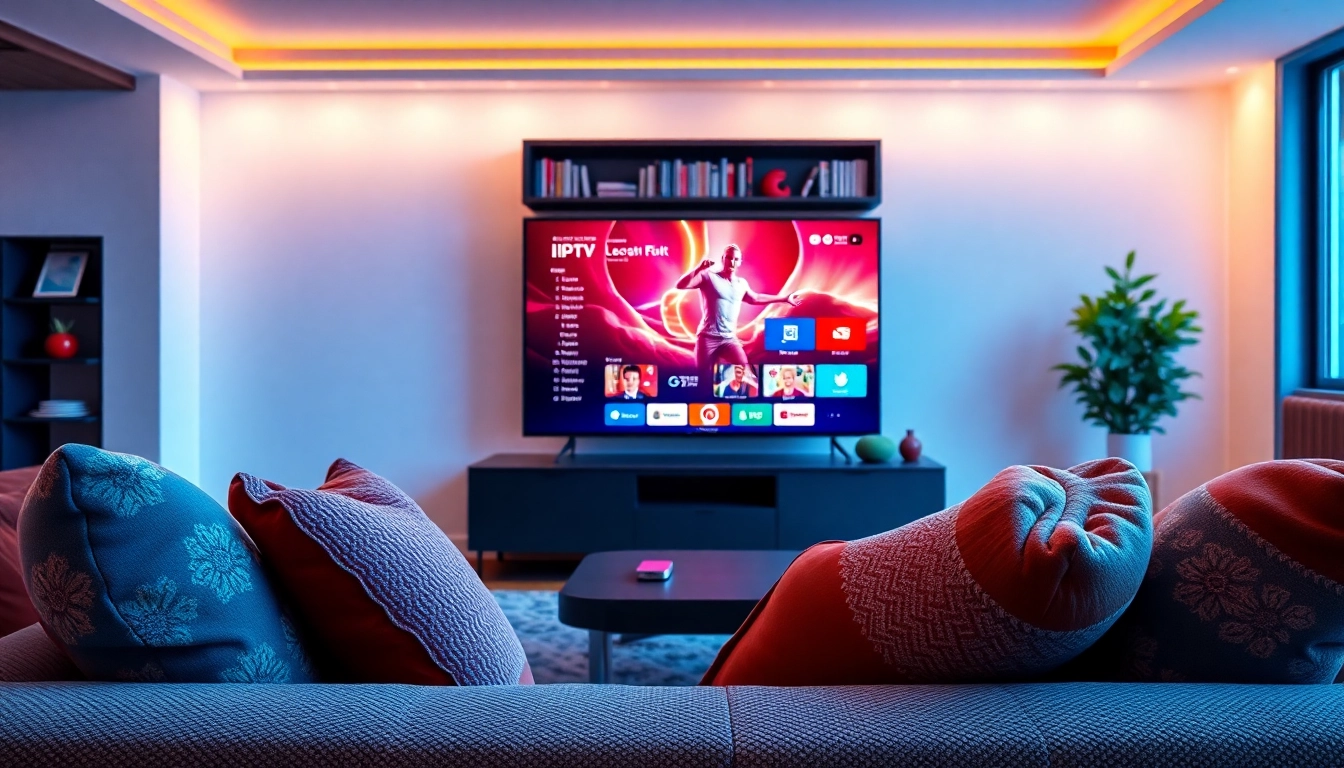 Experience the iptv free trial with a vibrant TV setup showcasing various streaming options.