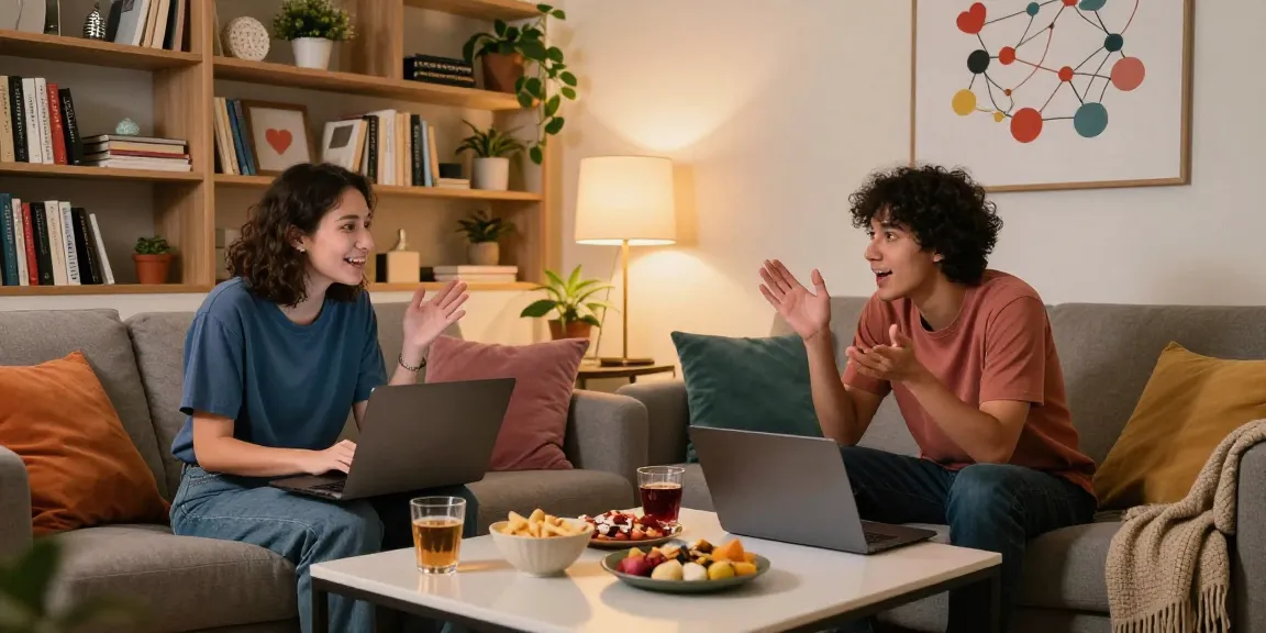 Engaging conversation on sex chat in a cozy modern living room setting with warm lighting.