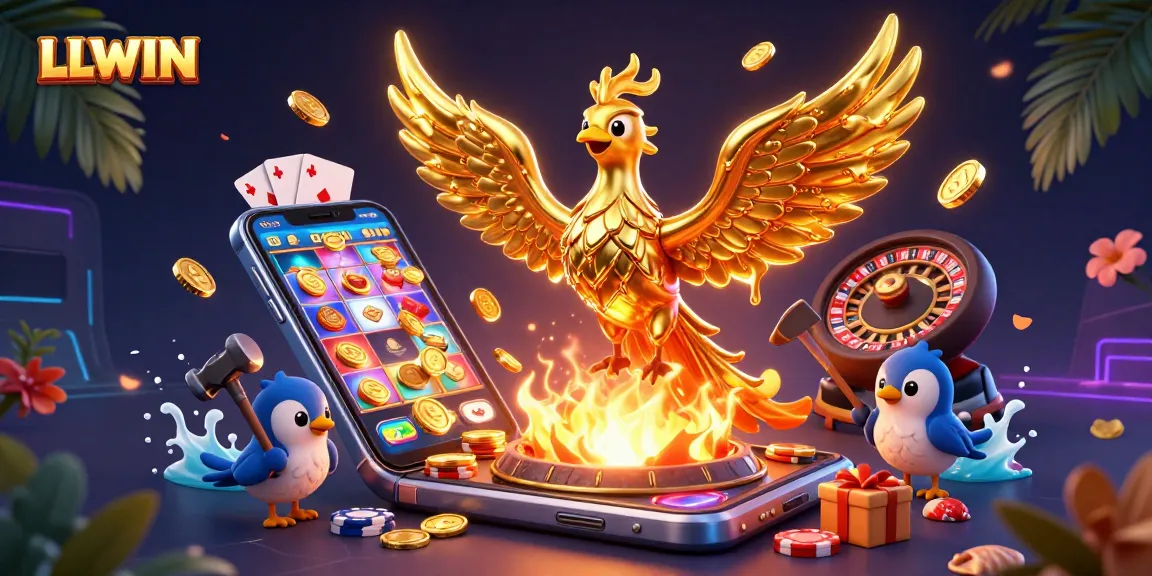Players enjoy winning at LLWIN's casino with vivid golden phoenix and gaming elements.