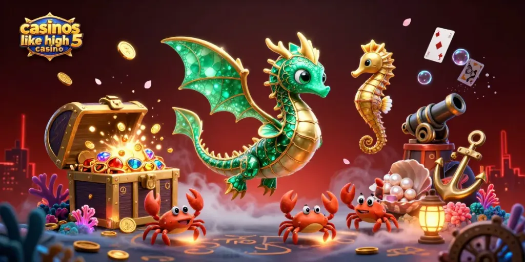 Win big with casinos like high 5 casino, featuring vibrant 3D dragon and treasure elements.