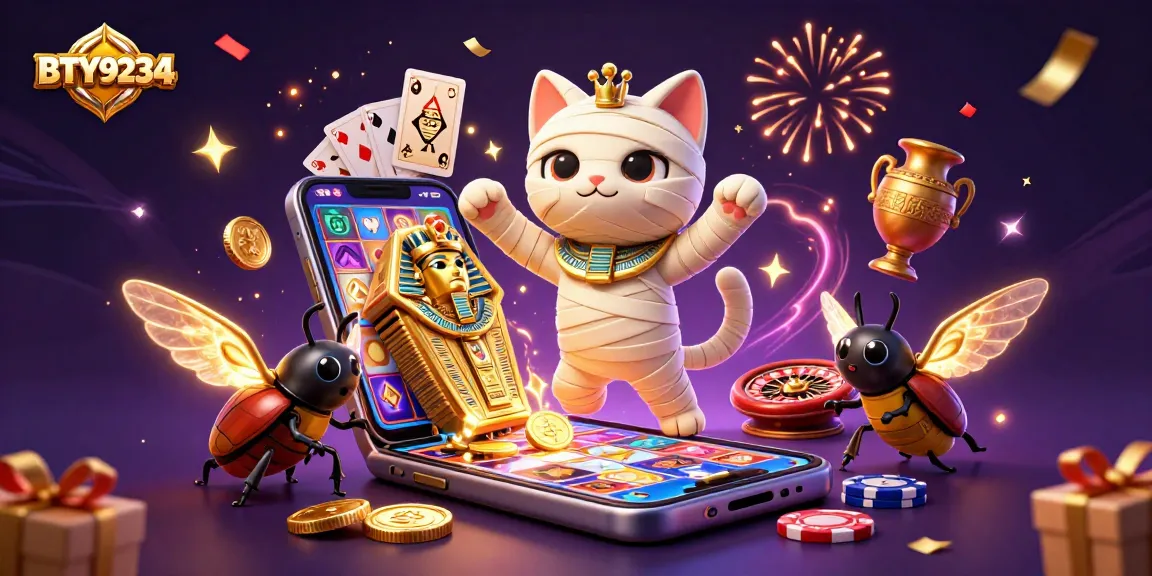 Unleash your luck with BTY9234's magical casino adventure featuring a mummy cat and vibrant slot games.