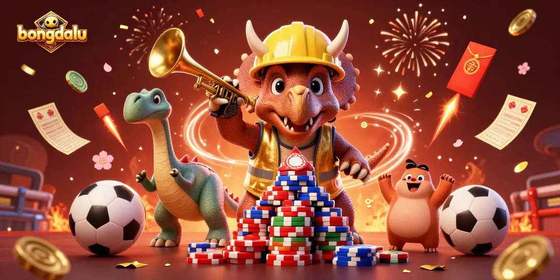 Bongdalu showcases a lively 3D scene celebrating sports betting with dynamic elements like betting slips and festive decorations.