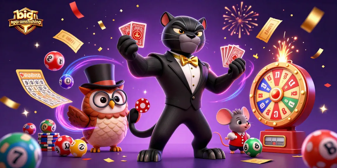 Engage in big-gamefishing excitement with a card-dealing panther, festive confetti, and vibrant game elements.